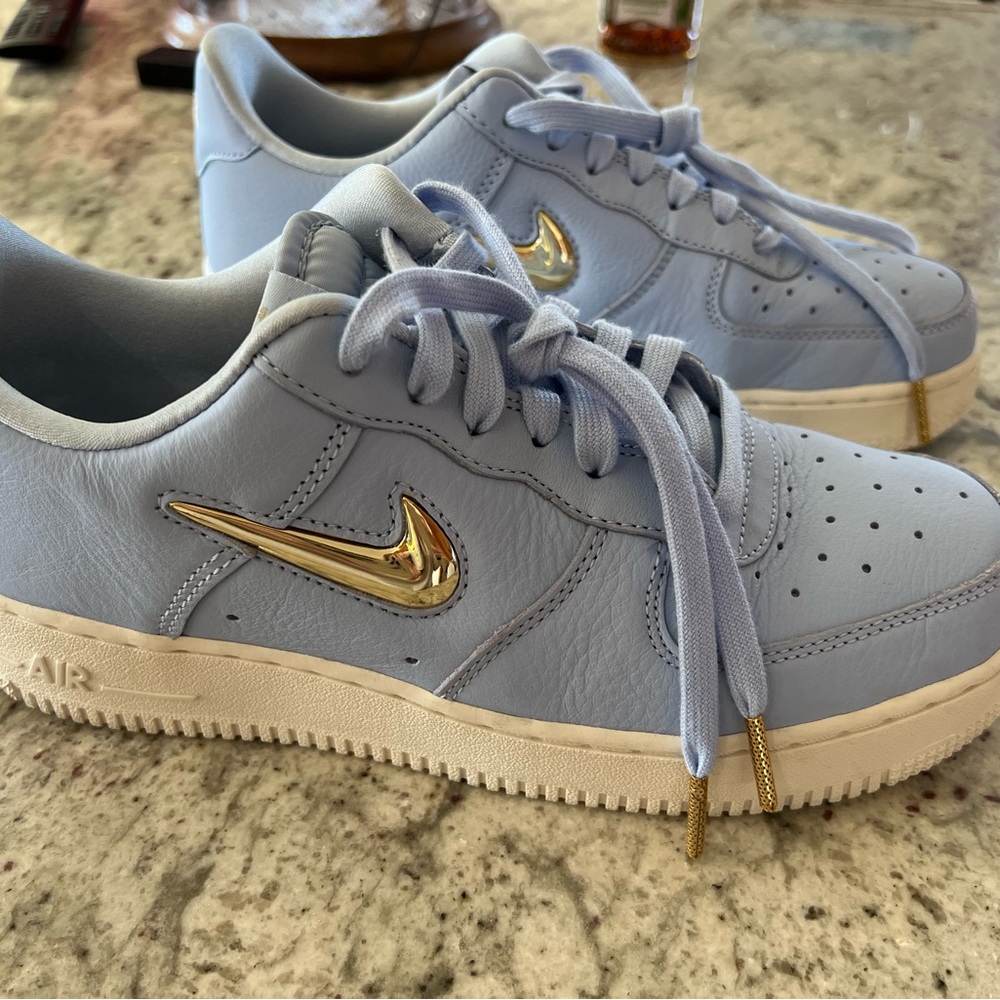 Nike Air Force 1 Light Blue Gold Swoosh Premium LX Lightly Used Size 8-1/2